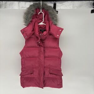 Talbot's Pink Goose Down Puffer Vest  Removable Fur Hood Women Small